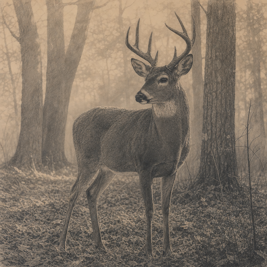 Buck with large antlers standing in foggy woodland among trees and leaf-covered forest floor, wildlife photography