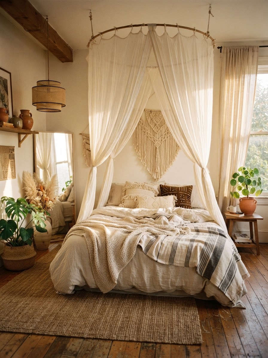 Airy Bohemian Hoop Canopy Ceiling-mounted sheer bed canopy drapery over a cozy bed near a large window. | Sky Rye Design Ceiling-mounted sheer bed canopy drapery over a cozy bed near a large window.