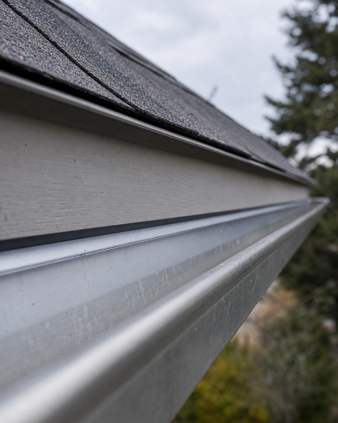 Close-up of an aluminum gutter below a shingle edge and drip edge flashing