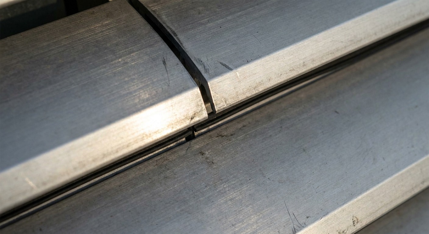 Close-up of two aluminum louvre blades interlocking in the closed position with a sealed seam