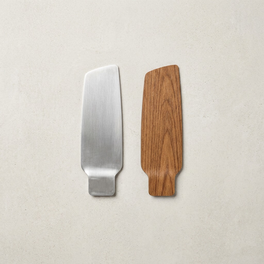 Overhead comparison of a raw aluminum louvre blade sample and a timber-look composite blade sample