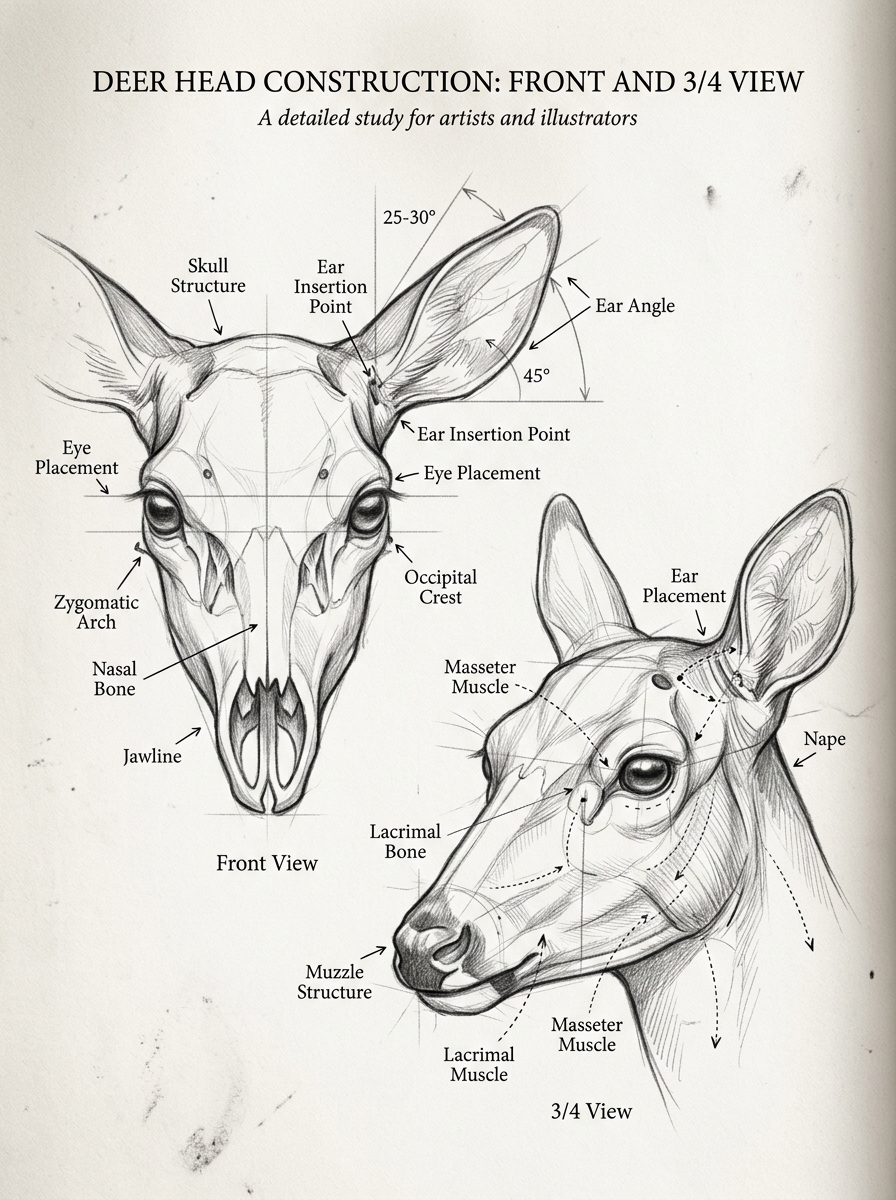 Anatomical diagram of deer head construction in front and 34 views with