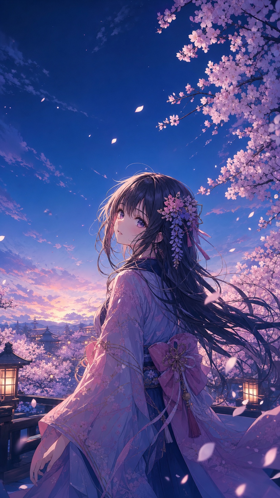 Anime girl phone wallpaper with cherry blossoms and a soft blue evening sky