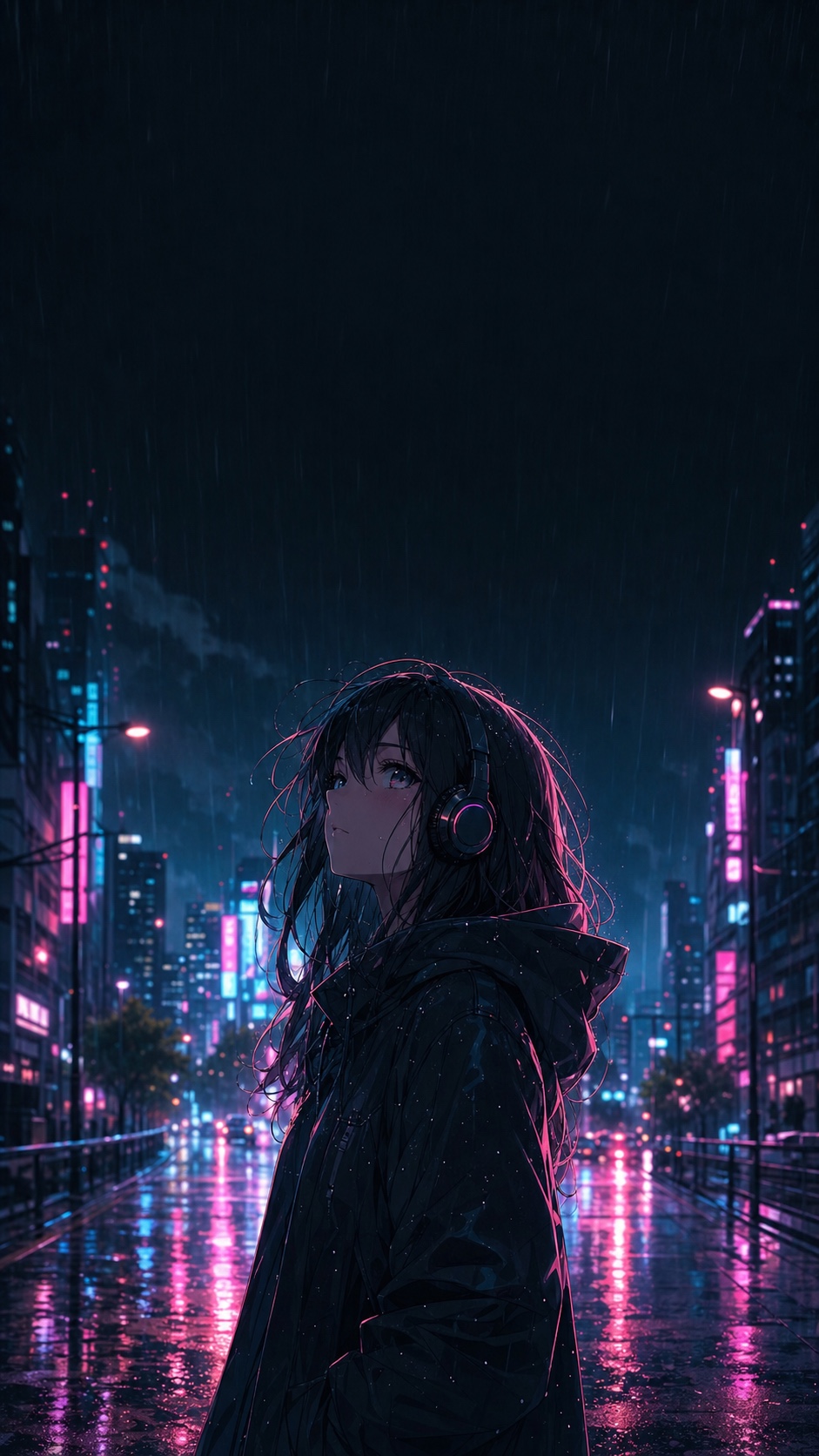 Dark anime girl phone wallpaper with neon rain and headphones