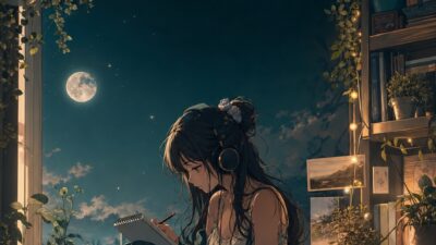 Anime phone wallpaper with a cozy moonlit bedroom, plants, and sketchbook