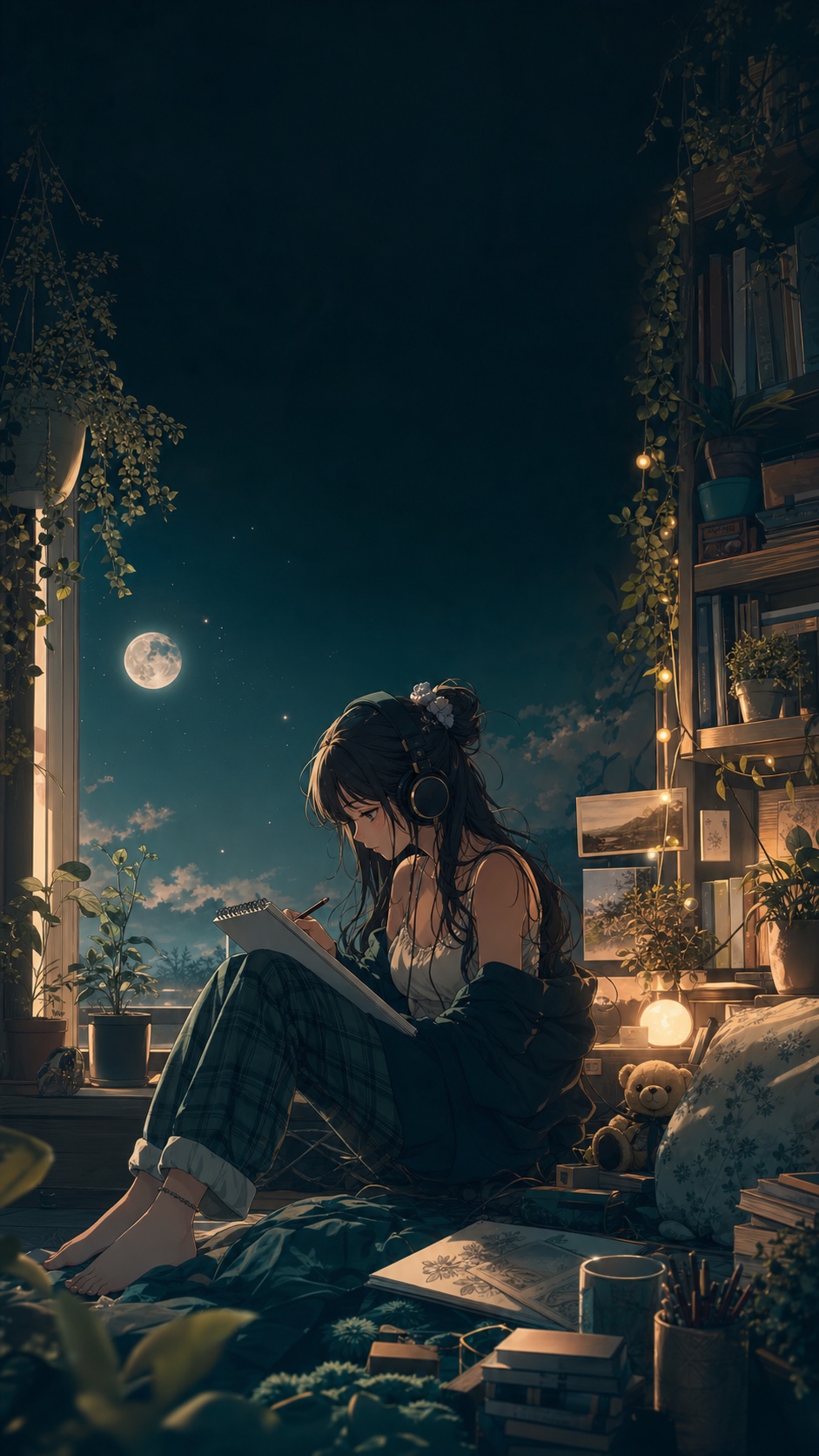 Anime phone wallpaper with a cozy moonlit bedroom, plants, and sketchbook