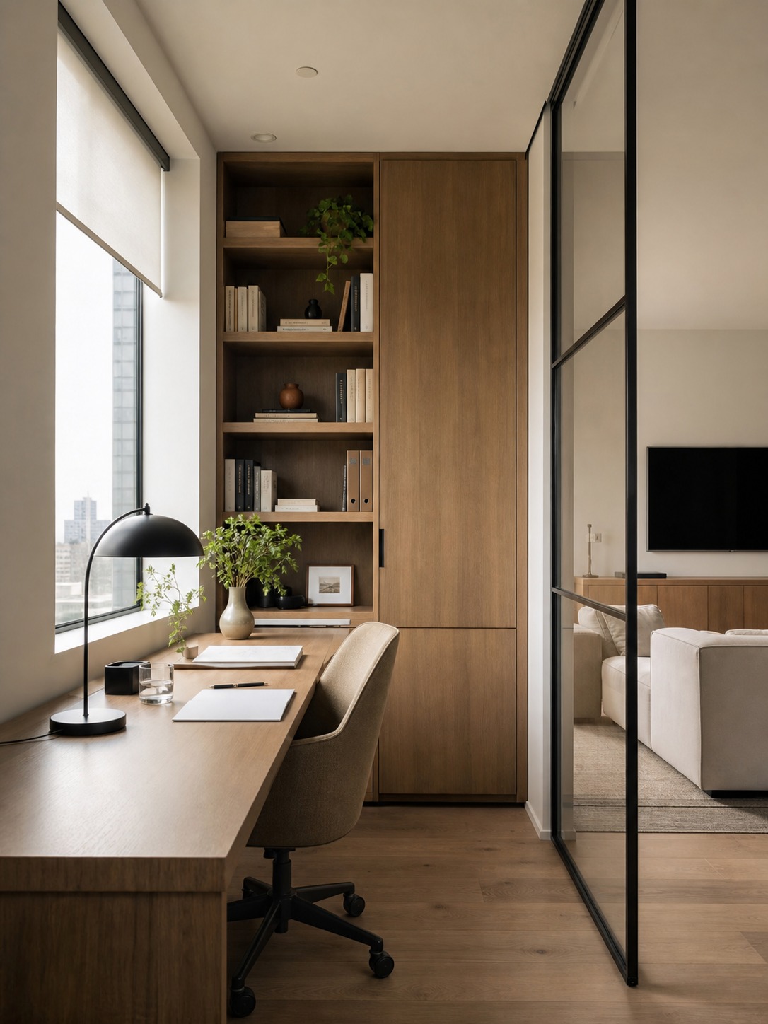 Apartment home office nook beside a window with built-in shelving and a glazed partition.