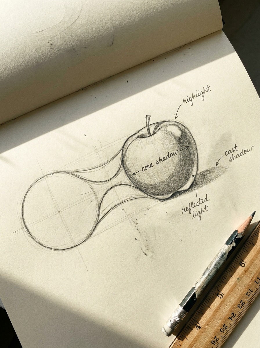 Apple drawing four-zone light diagram A hand-drawn graphite diagram labeling highlight, core shadow, reflected light, and cast shadow on an apple-like sphere. | Sky Rye Design A hand-drawn graphite diagram labeling highlight, core shadow, reflected light, and cast shadow on an apple-like sphere.
