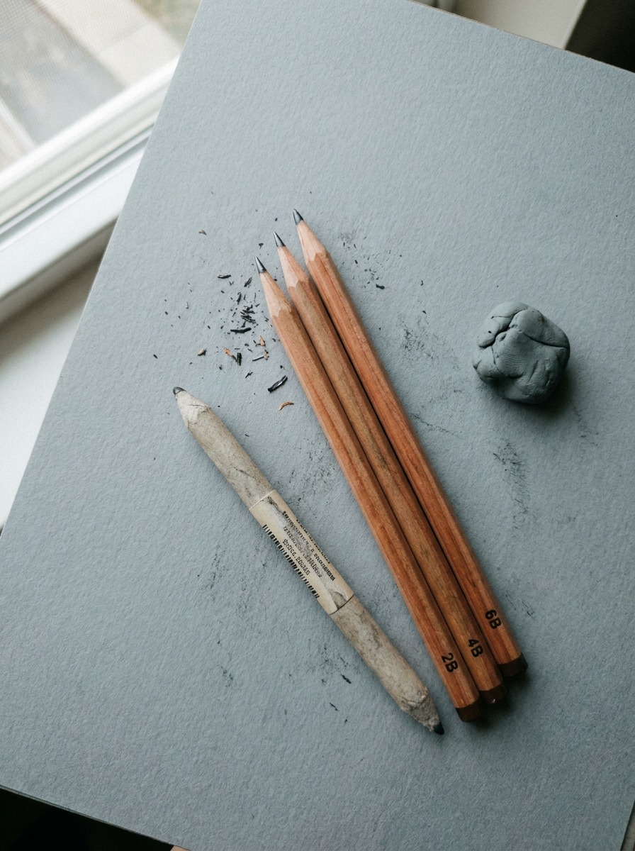 Apple drawing pencil materials flat lay 2B, 4B, and 6B pencils with a blending stump and kneaded eraser arranged on textured drawing paper. | Sky Rye Design 2B, 4B, and 6B pencils with a blending stump and kneaded eraser arranged on textured drawing paper.