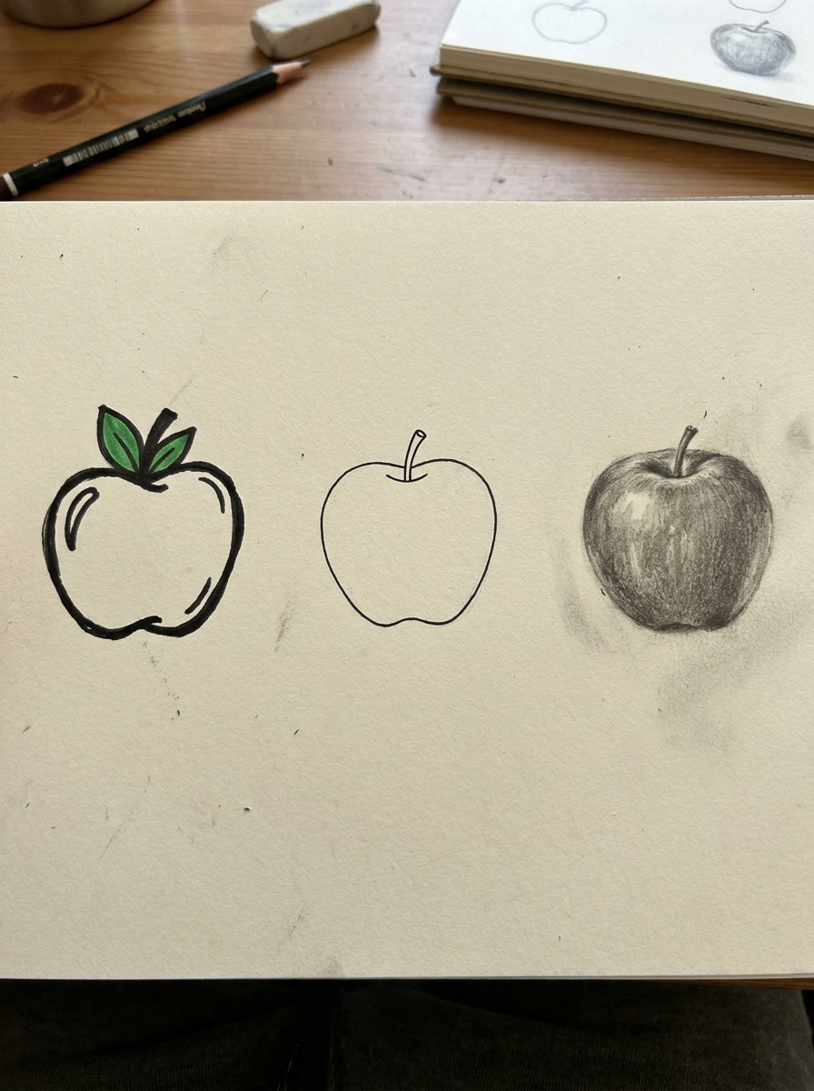 Apple drawing style comparison Three apple drawings on one page comparing cartoon, line-only, and fully rendered graphite styles. | Sky Rye Design Three apple drawings on one page comparing cartoon, line-only, and fully rendered graphite styles.