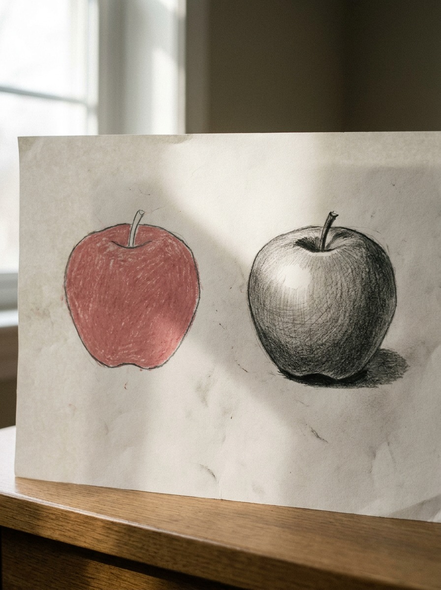 Apple shading before and after comparison Two apple drawings side by side comparing a flat unshaded version with a realistically shaded graphite version. | Sky Rye Design Two apple drawings side by side comparing a flat unshaded version with a realistically shaded graphite version.