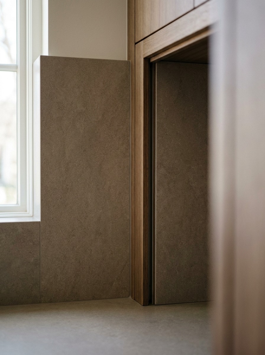 Open appliance garage with backsplash material continuing into the cabinet interior