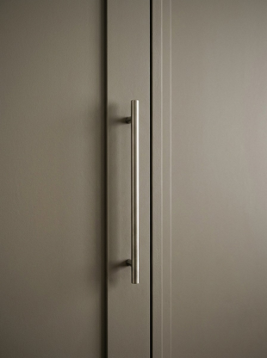 Macro detail of an appliance garage cabinet pull and precise reveal line on a flush panel