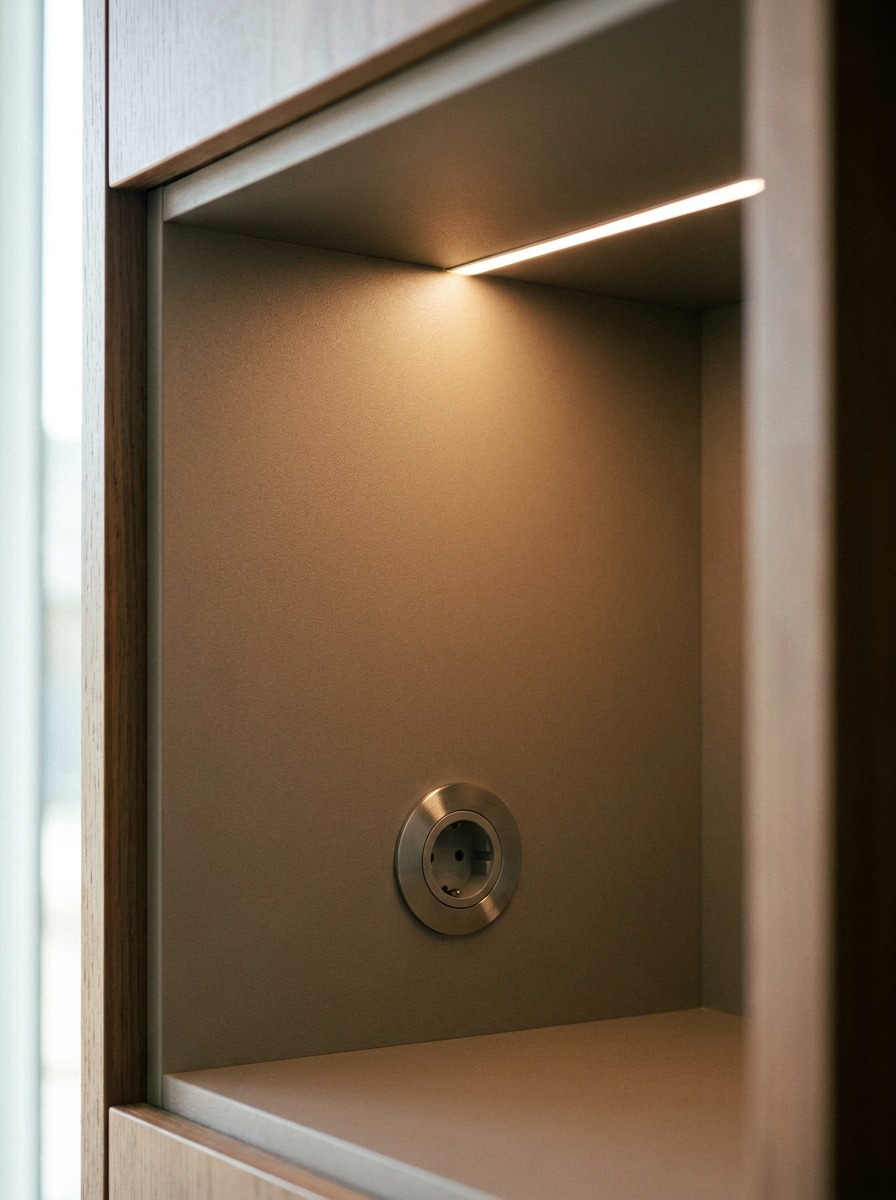 Open appliance garage interior with integrated LED lighting and a flush electrical outlet