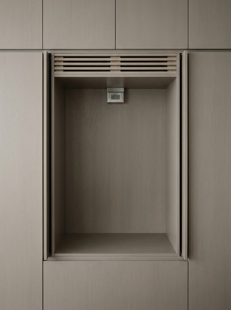 Cutaway-style appliance garage interior showing ventilation gaps and a rear outlet