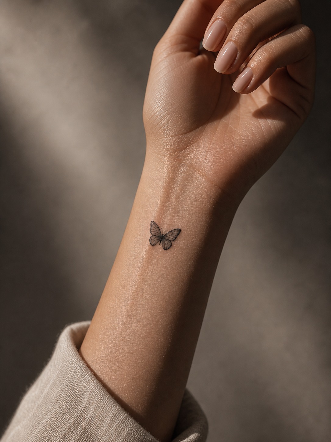 Minimal feminine wrist butterfly tattoo Minimal butterfly tattoo on a woman’s wrist in clean studio light. | Sky Rye Design Minimal butterfly tattoo on a woman’s wrist in clean studio light.