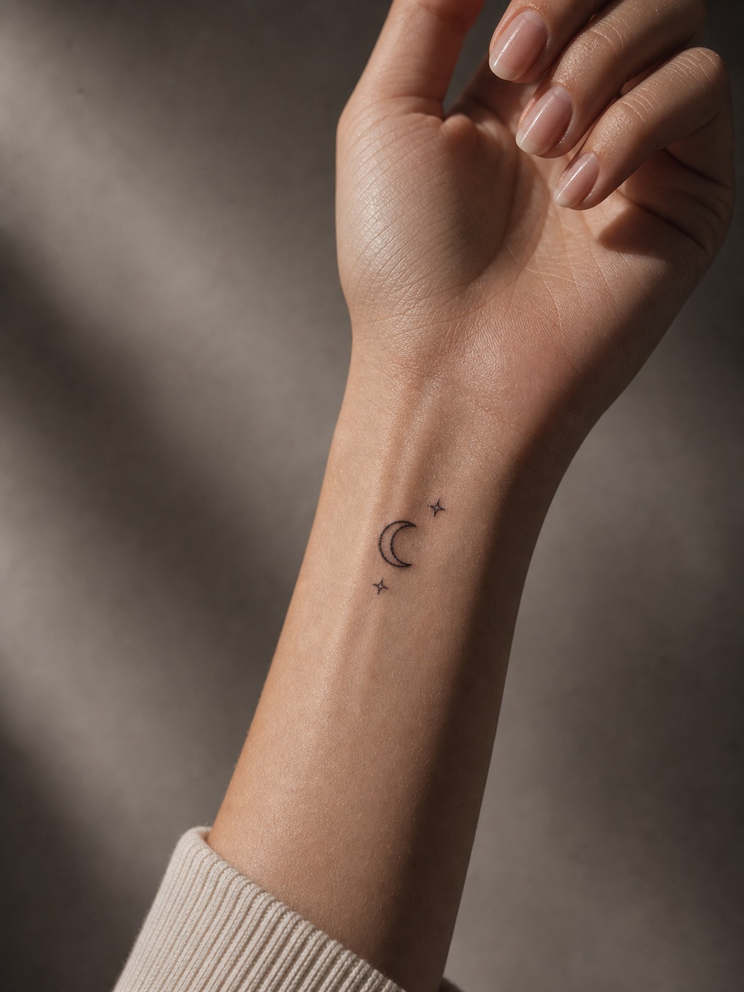 Minimal feminine wrist celestial tattoo Minimal wrist celestial tattoo with a tiny crescent moon and stars. | Sky Rye Design Minimal wrist celestial tattoo with a tiny crescent moon and stars.