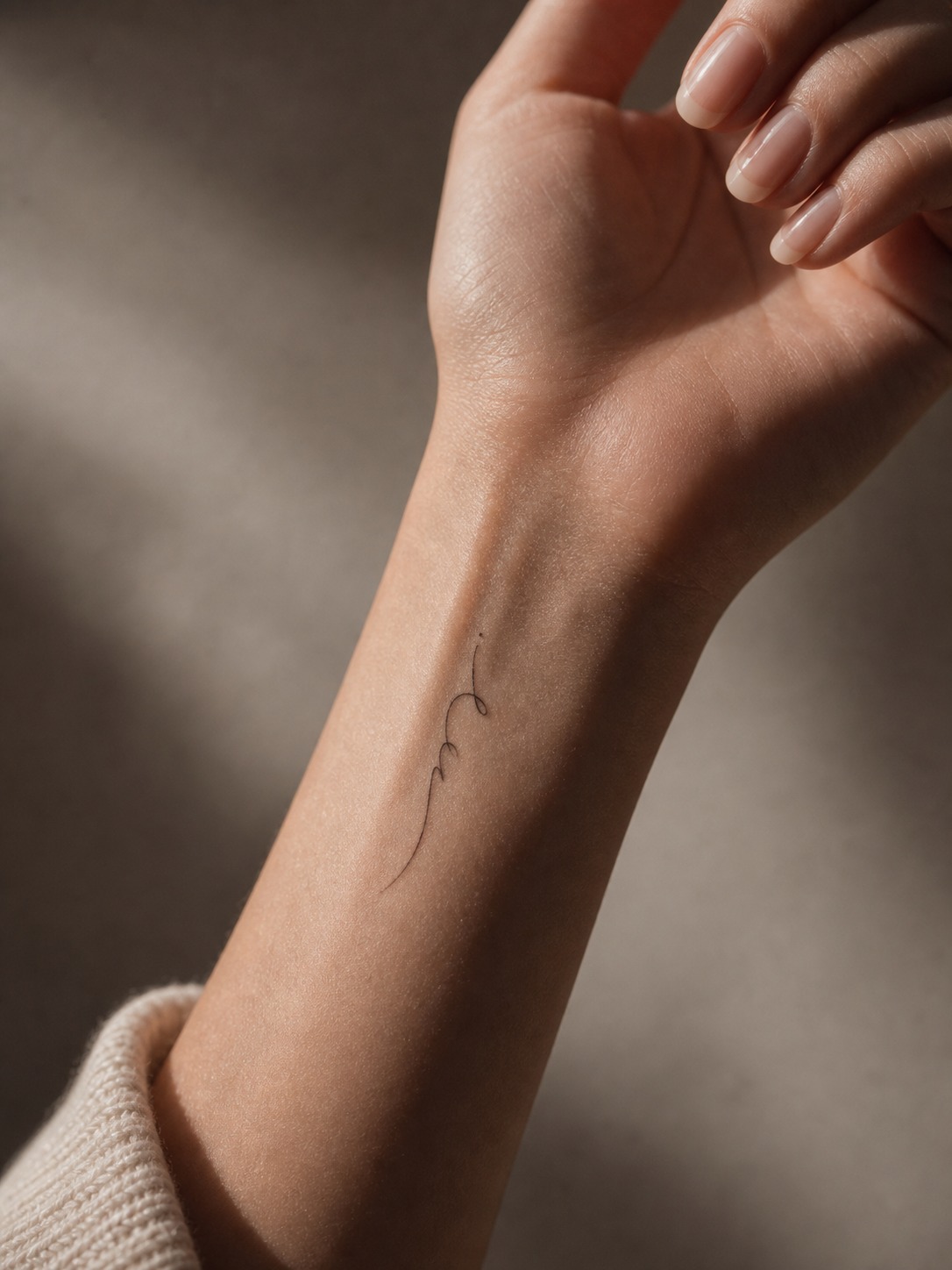 Minimal feminine inner wrist script tattoo Minimal inner wrist script-style tattoo with abstract fine-line lettering. | Sky Rye Design Minimal inner wrist script-style tattoo with abstract fine-line lettering.