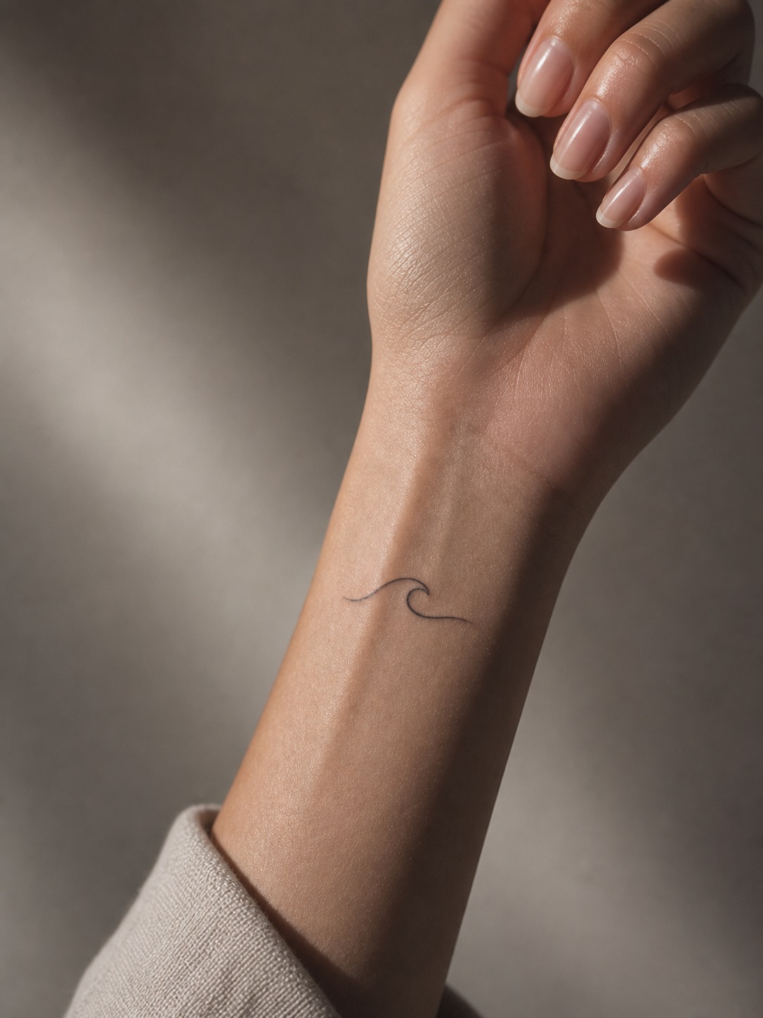 Minimal feminine wrist wave tattoo Minimal wave tattoo on a woman’s wrist with dramatic studio shadows. | Sky Rye Design Minimal wave tattoo on a woman’s wrist with dramatic studio shadows.