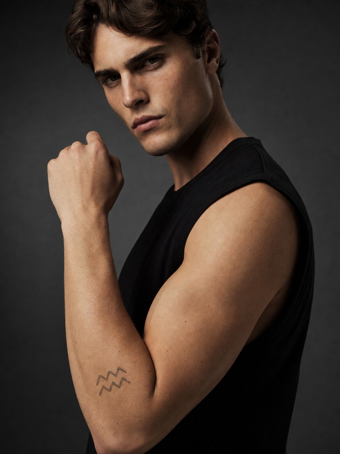 Aquarius architectural forearm zodiac tattoo A structured Aquarius wave-line glyph tattoo on the outer forearm. | Sky Rye Design A structured Aquarius wave-line glyph tattoo on the outer forearm.