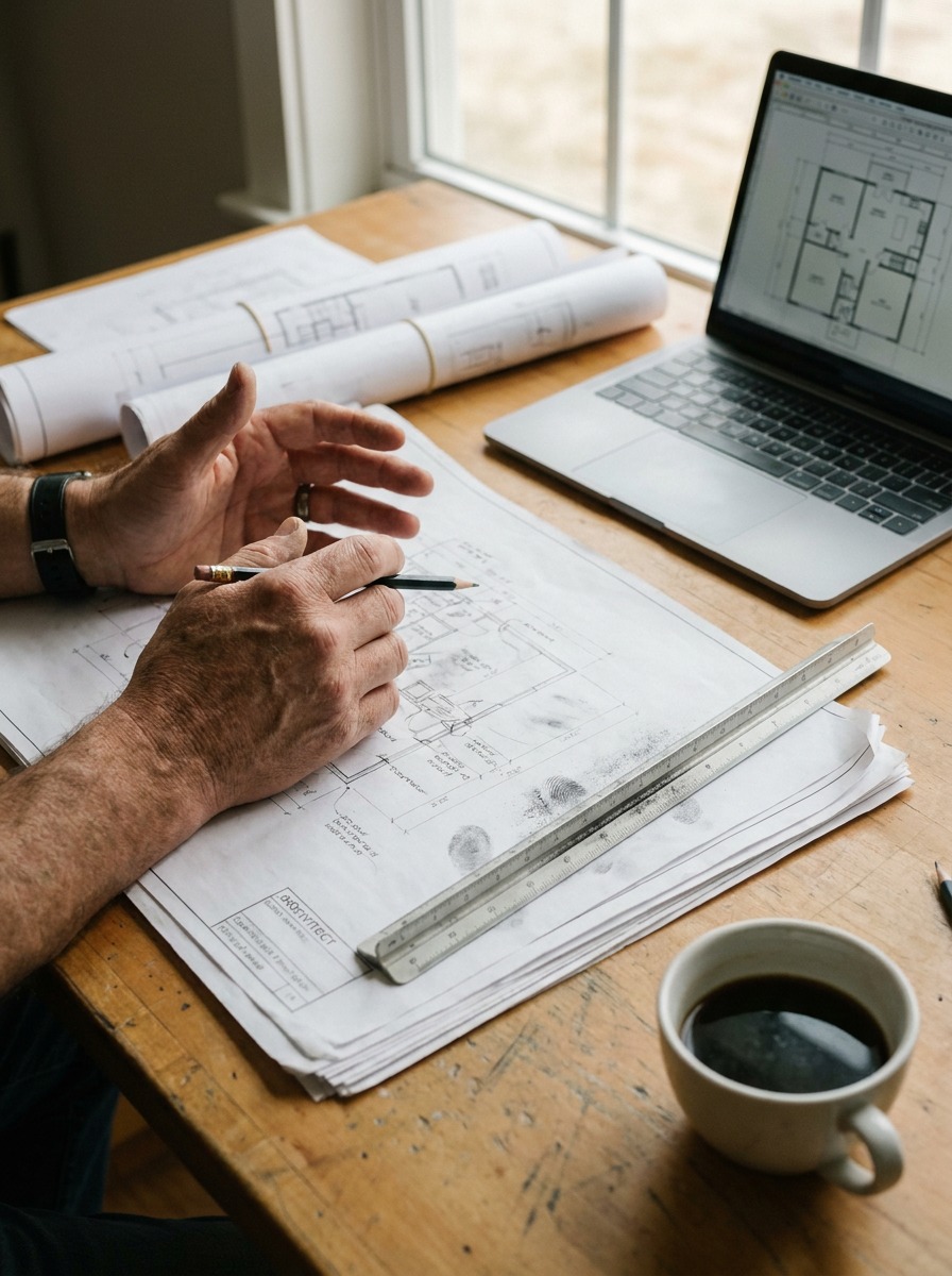 Architect Reviewing Construction Blueprints at Drafting Table Close-up photograph of an architect's hands reviewing construction documents and floor plans at a drafting table. | Sky Rye Design Close-up photograph of an architect's hands reviewing construction documents and floor plans at a drafting table.