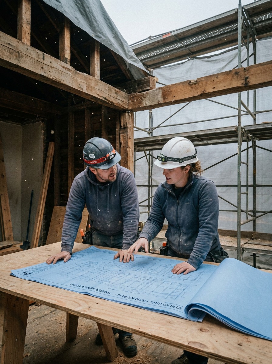 Architect and Structural Engineer Reviewing Framing Plan Documentary photograph of a structural engineer and architect reviewing a beam framing plan at a timber construction site. | Sky Rye Design Documentary photograph of a structural engineer and architect reviewing a beam framing plan at a timber construction site.