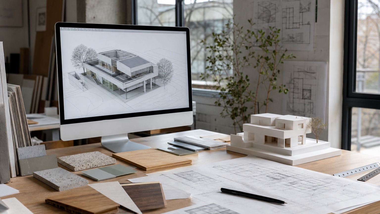 Architecture 3D modeling workflow Architecture 3D modeling workflow with a digital building model, material samples, and a scale model on a desk. | Sky Rye Design Architecture 3D modeling workflow with a digital building model, material samples, and a scale model on a desk.