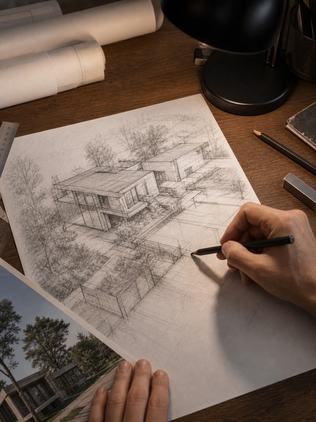A designer tracing over a pencil-style sketch conversion of an architecture site photo.