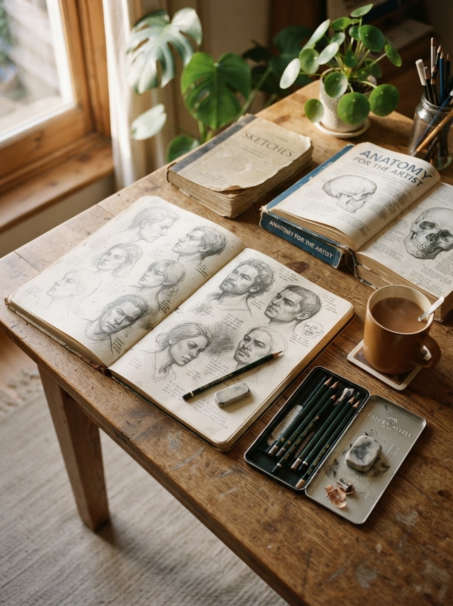 Artist desk with Loomis head studies Wooden drawing desk with an open sketchbook full of head studies, graphite pencils, and a reference book. | Sky Rye Design Wooden drawing desk with an open sketchbook full of head studies, graphite pencils, and a reference book.