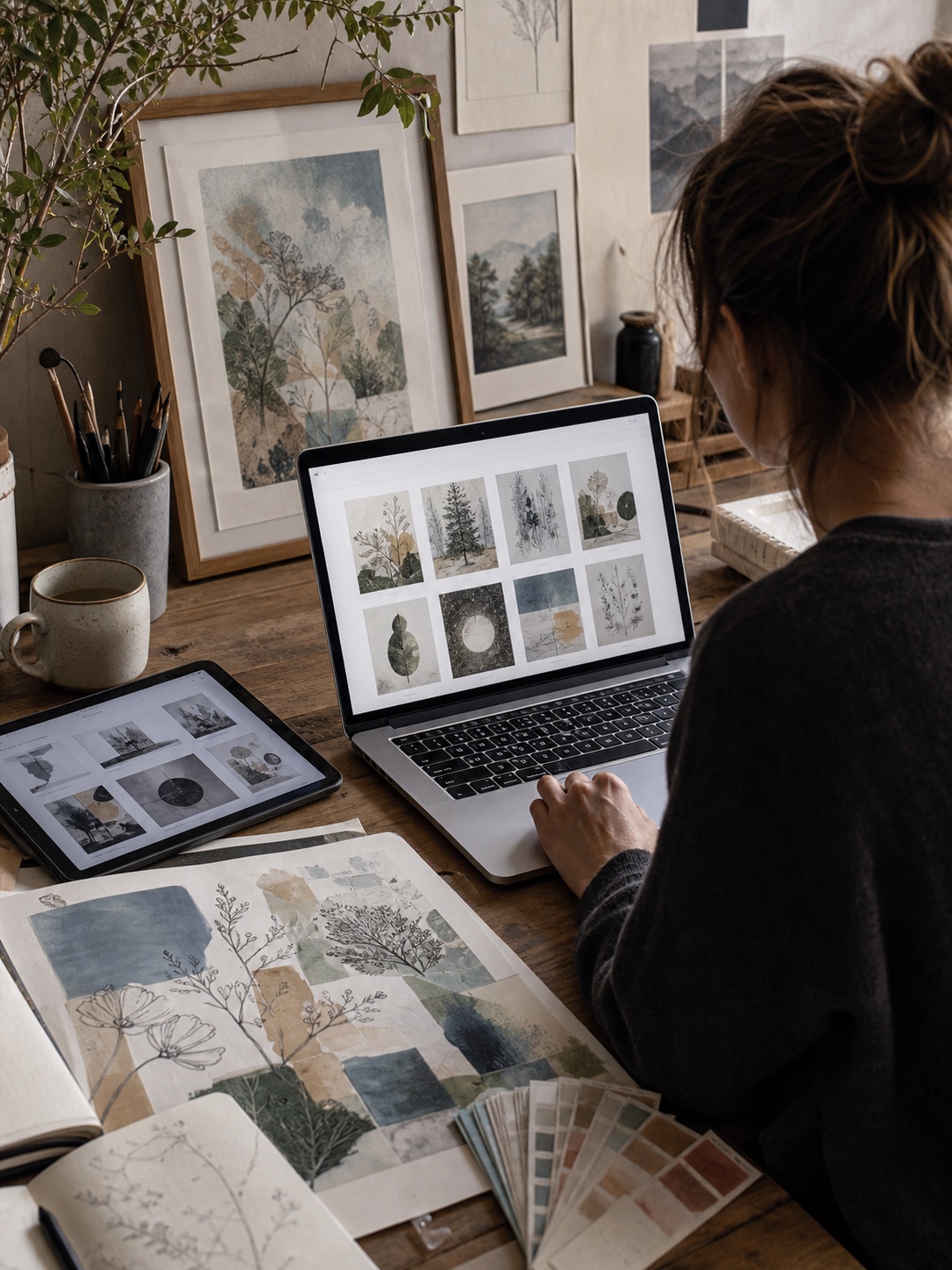 Online art portfolio review Artist reviewing an online art portfolio beside framed artwork, print proofs, color swatches, and a laptop gallery grid. | Sky Rye Design Artist reviewing an online art portfolio beside framed artwork, print proofs, color swatches, and a laptop gallery grid.