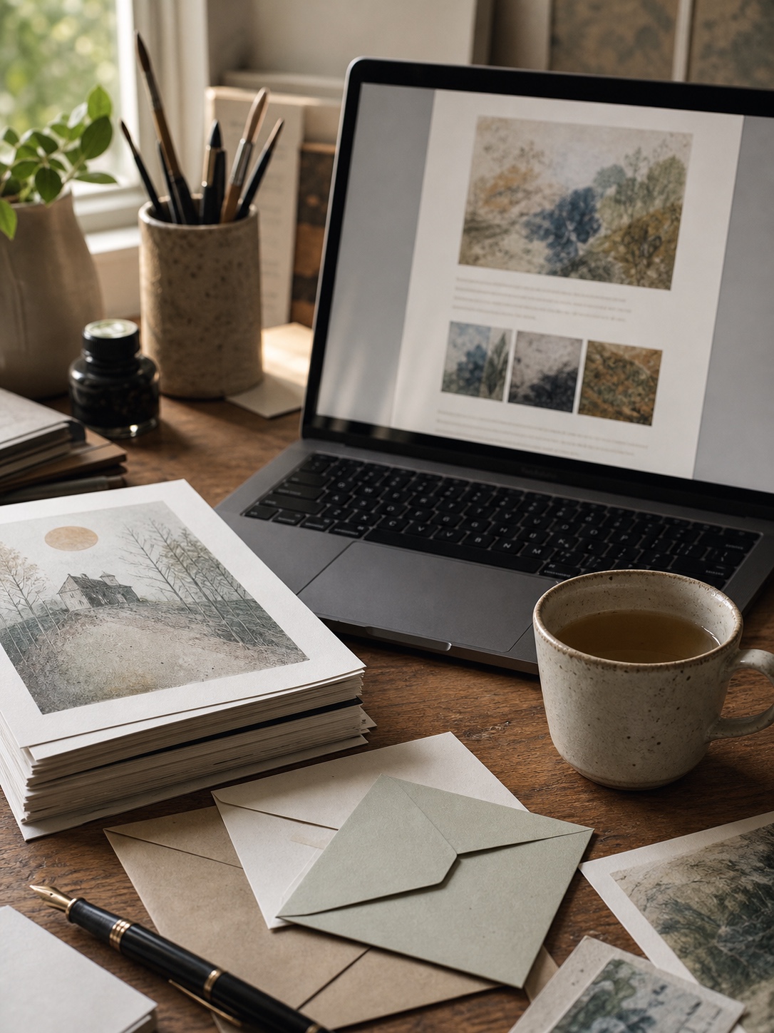 Email marketing for art collectors Artist preparing an email newsletter for art collectors with laptop layout, fine art prints, envelopes, pen, and textured paper. | Sky Rye Design Artist preparing an email newsletter for art collectors with laptop layout, fine art prints, envelopes, pen, and textured paper.