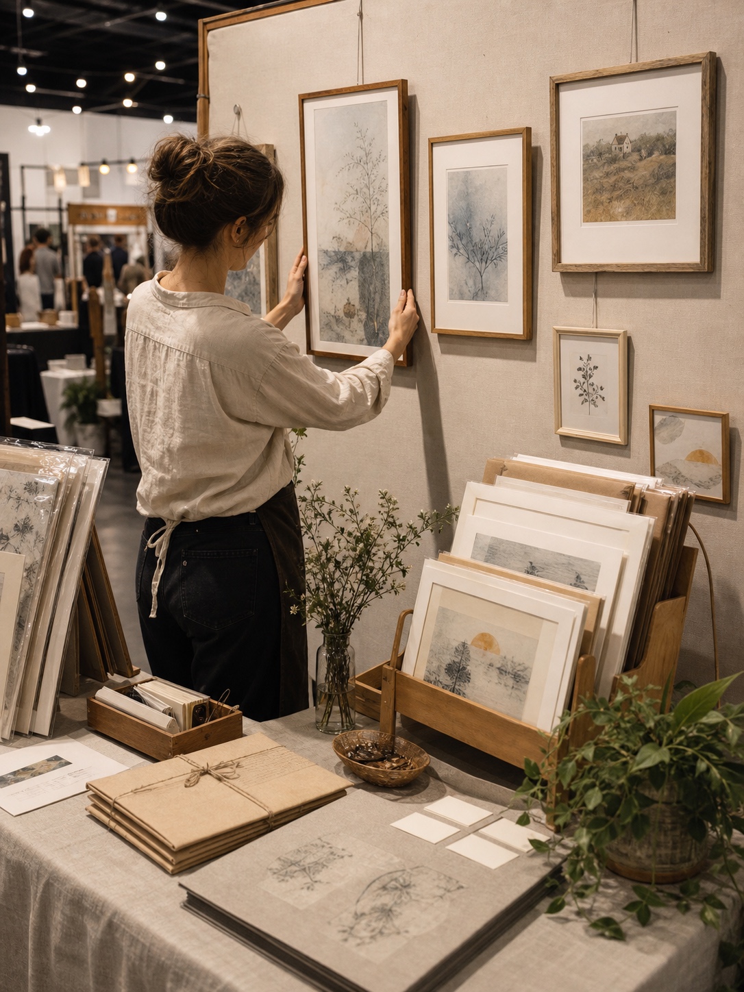 Art show booth promotion Artist setting up a small art fair booth with framed paintings, print rack, kraft packaging, and blank business cards. | Sky Rye Design Artist setting up a small art fair booth with framed paintings, print rack, kraft packaging, and blank business cards.