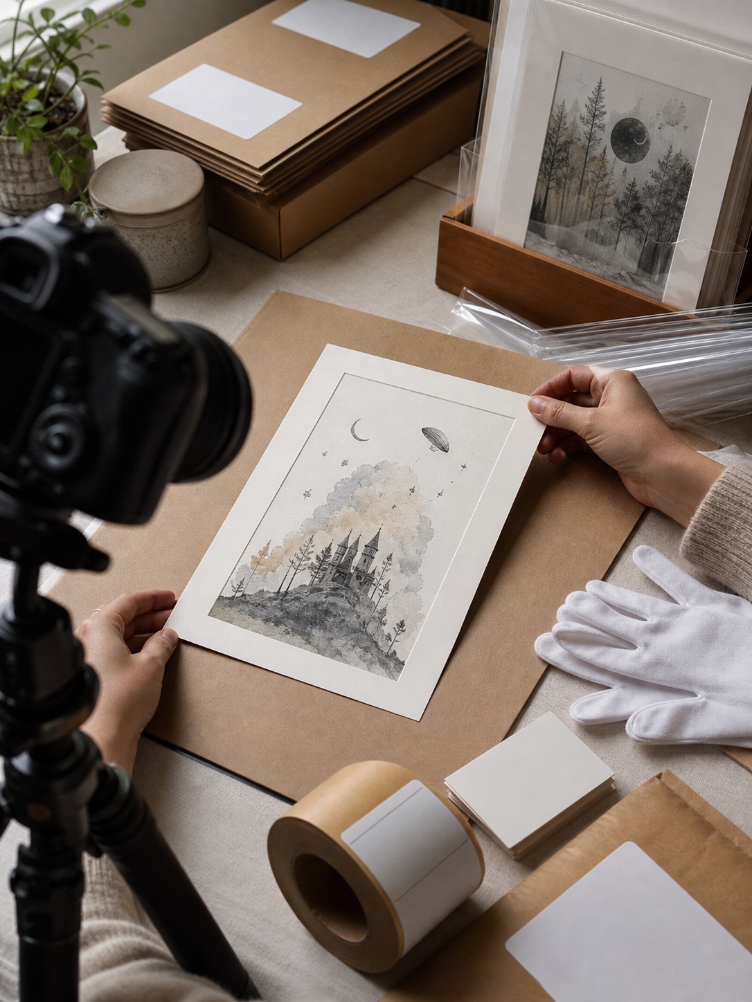 Online art shop product photography Artist preparing an online shop product photo with artwork print, camera, kraft mailers, protective sleeves, blank labels, and cotton gloves. | Sky Rye Design Artist preparing an online shop product photo with artwork print, camera, kraft mailers, protective sleeves, blank labels, and cotton gloves.