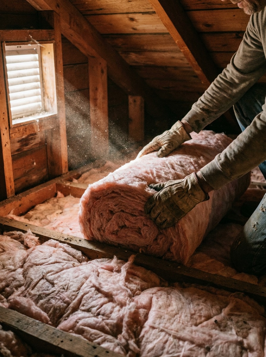 Gloved hands install fiberglass insulation between attic joists near a lit gable vent.