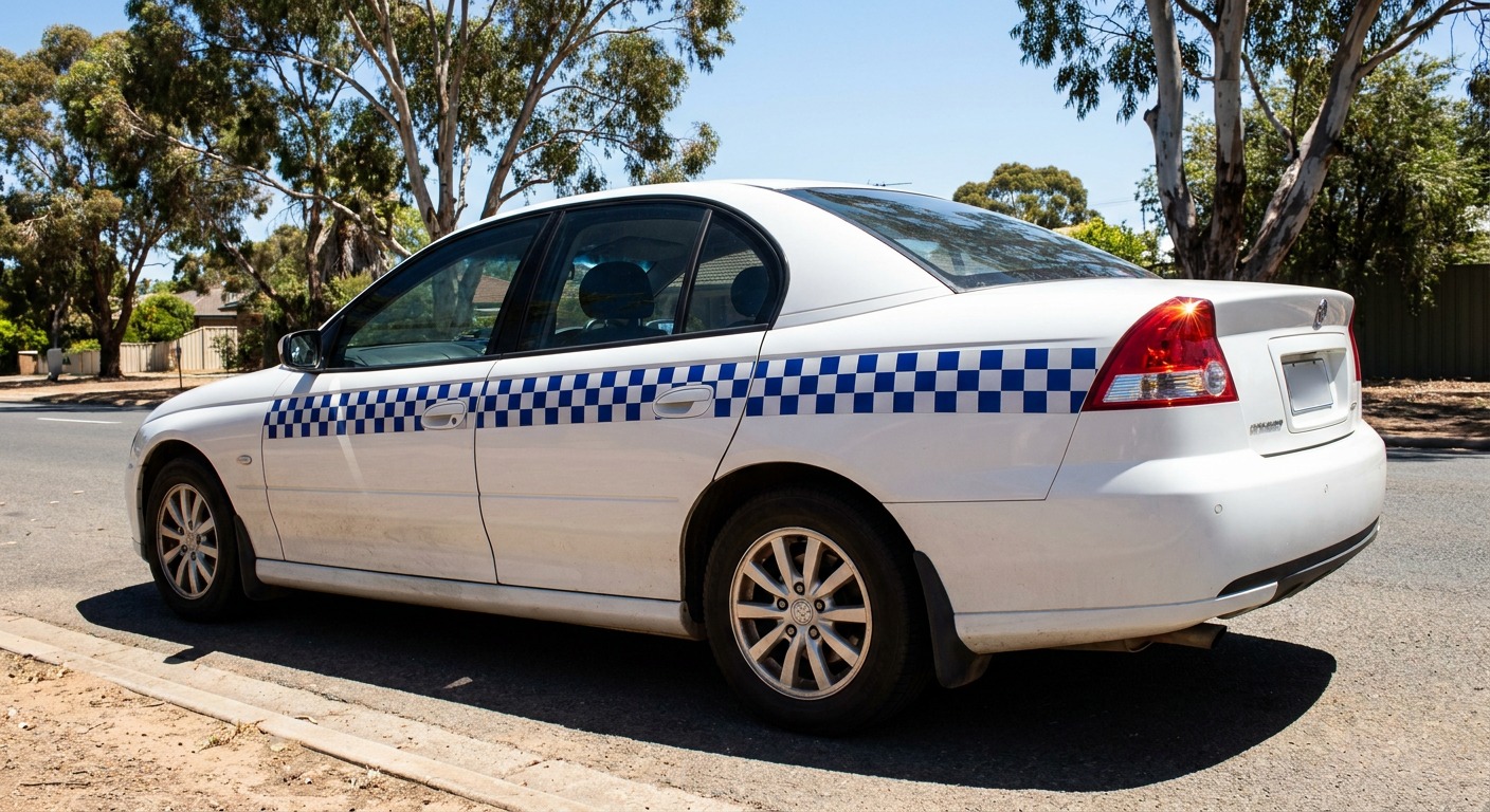 An Australian police-style sedan reference shown from a rear three-quarter angle.