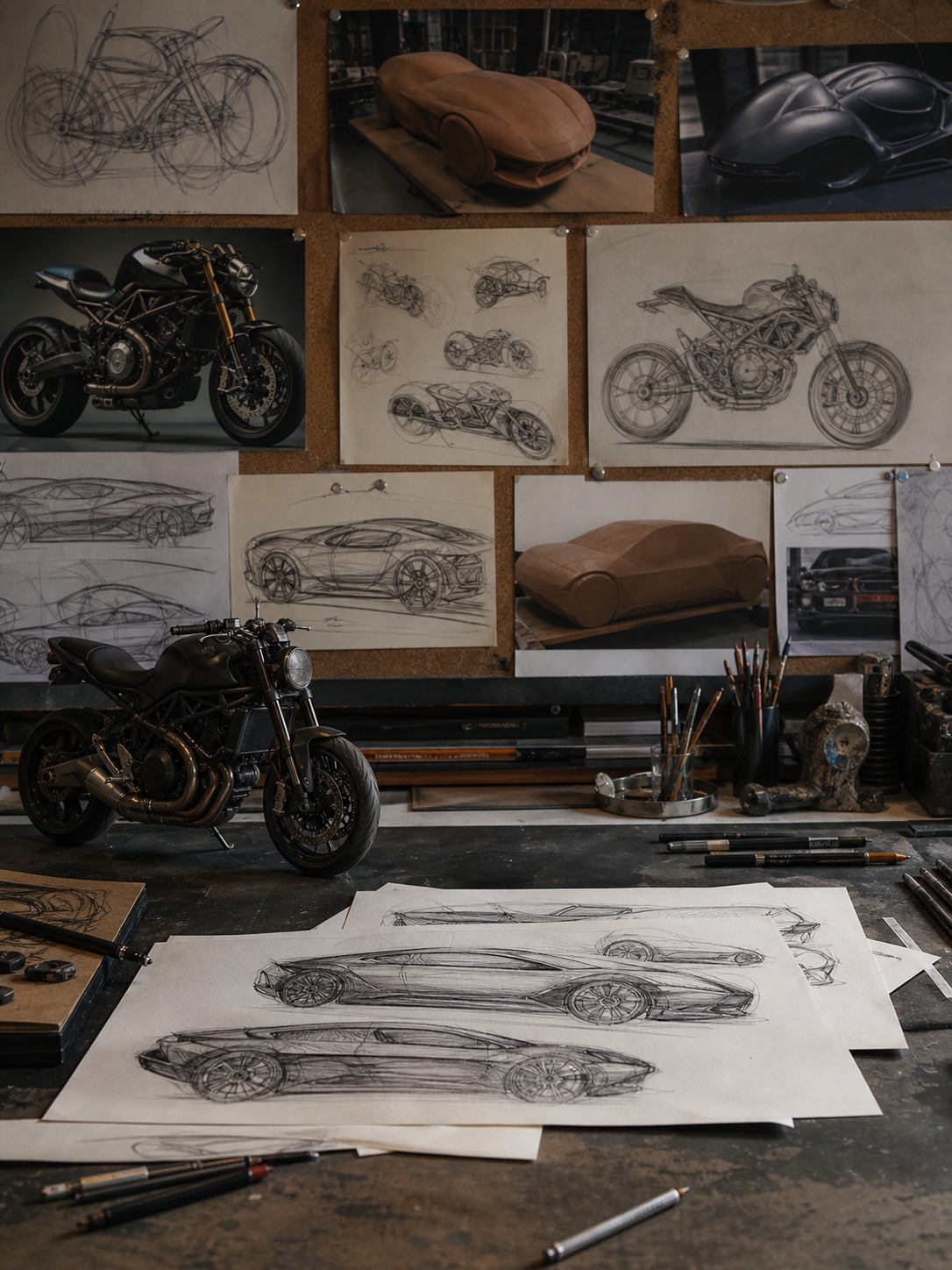 Automotive design studio reference desk Automotive design desk with concept sketches, clay model references, and a small motorcycle model pinned near a corkboard. | Sky Rye Design Automotive design desk with concept sketches, clay model references, and a small motorcycle model pinned near a corkboard.