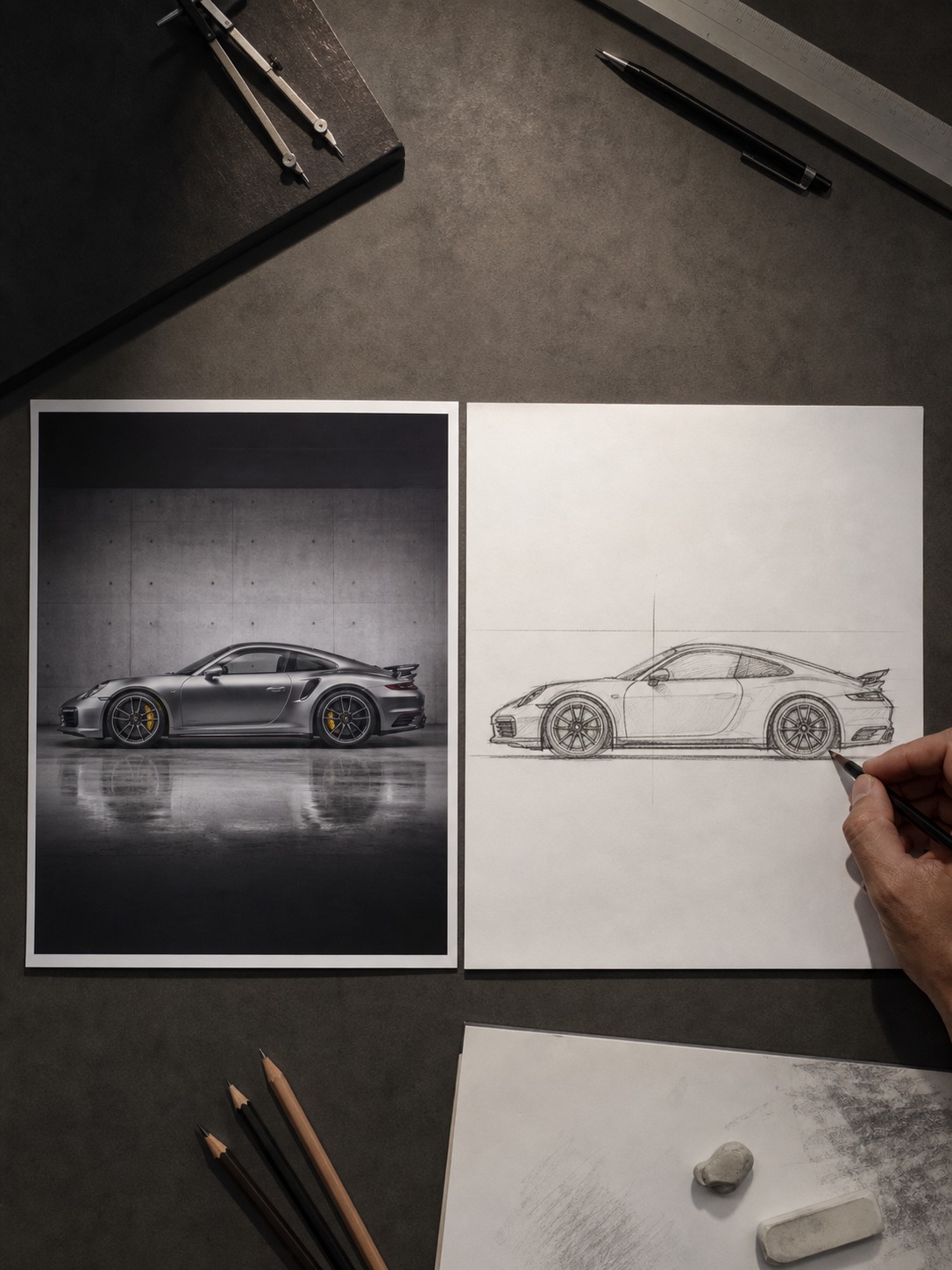 A car reference photo converted to line art beside a hand-sketched car drawing.