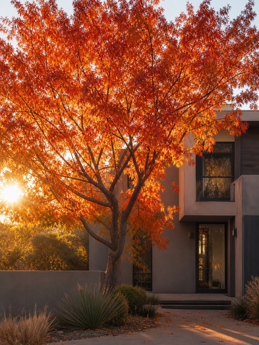 Chinese pistache tree glowing orange-red in backlight in front of a contemporary home facade.