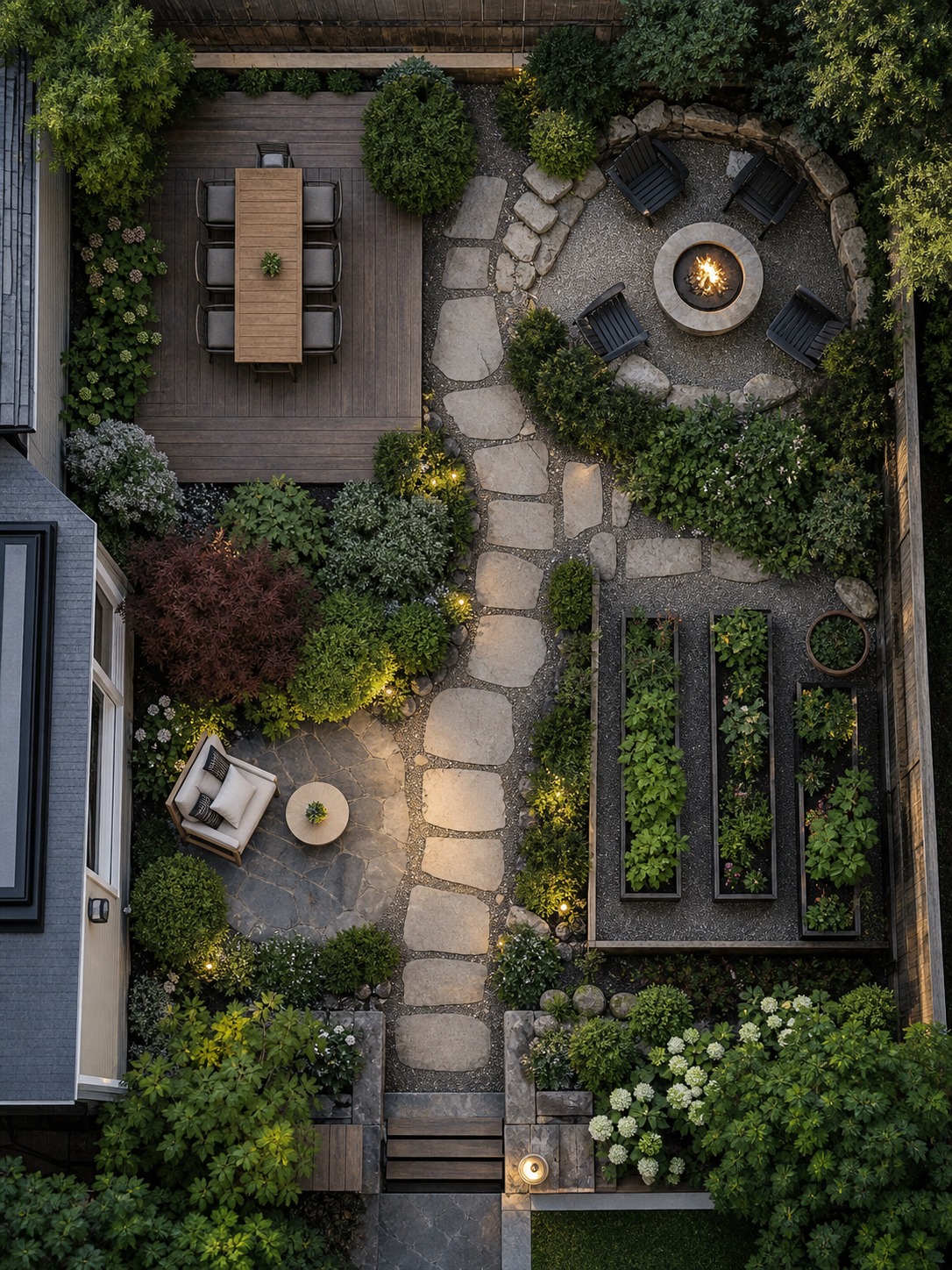 Backyard functional zones connected by a central path A top-down backyard plan with dining, fire pit, reading, and garden zones connected by a central path. | Sky Rye Design A top-down backyard plan with dining, fire pit, reading, and garden zones connected by a central path.