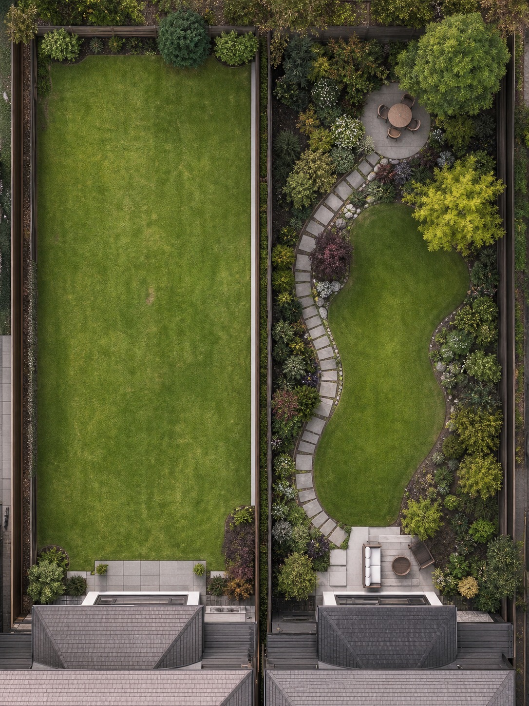 Balanced lawn and garden layout comparison A side-by-side backyard layout comparison showing an oversized lawn versus a balanced lawn and garden design. | Sky Rye Design A side-by-side backyard layout comparison showing an oversized lawn versus a balanced lawn and garden design.