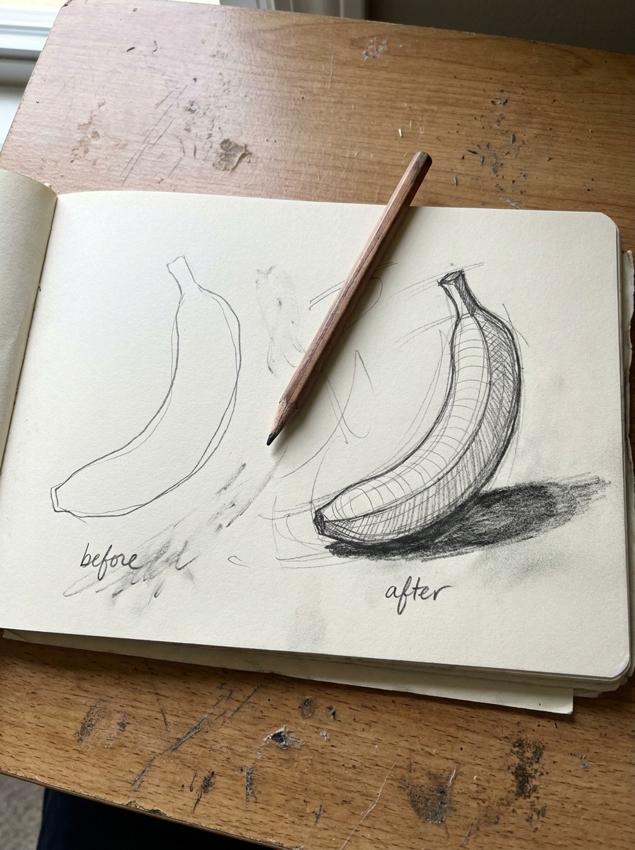 Banana before and after correction sketch A before-and-after sketch comparing a flat banana outline with a shaded construction-based drawing. | Sky Rye Design A before-and-after sketch comparing a flat banana outline with a shaded construction-based drawing.