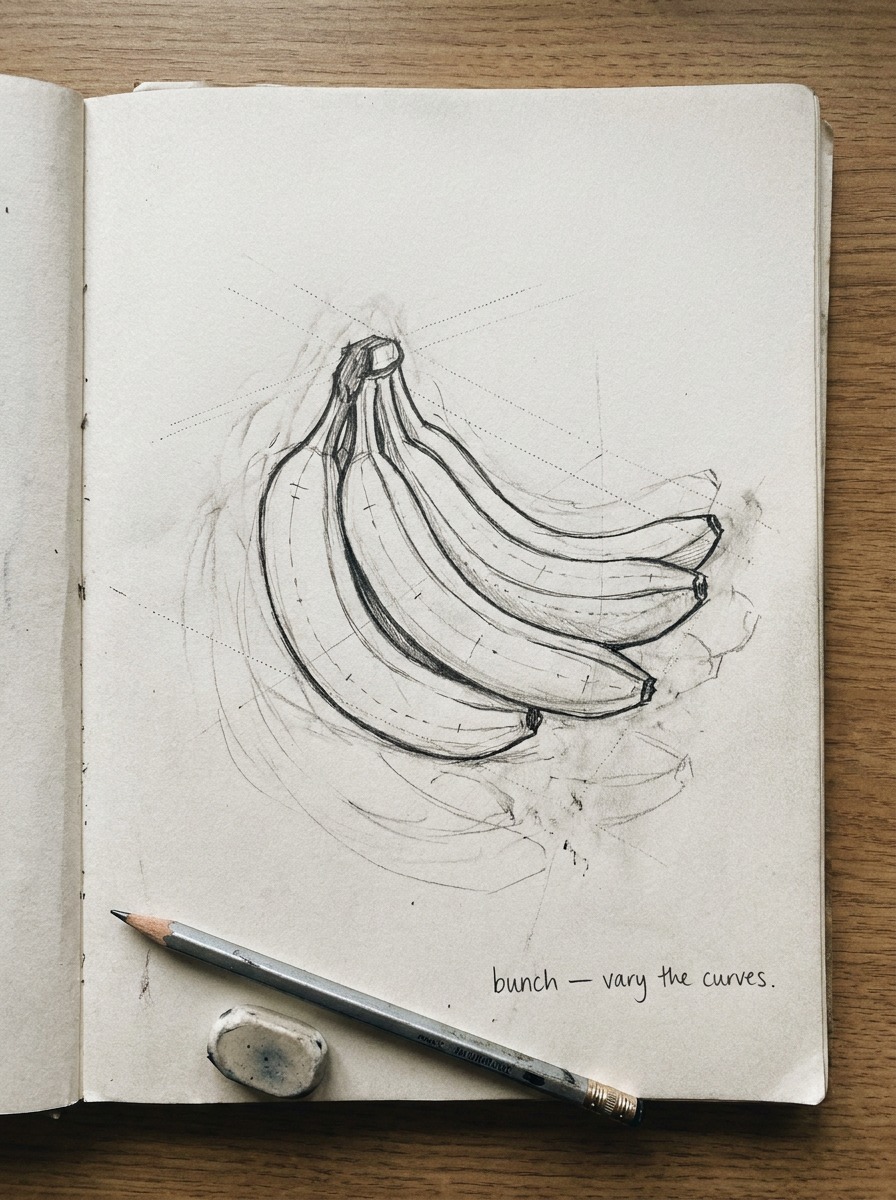 Banana bunch varied curves sketch A sketchbook page showing a bunch of bananas with varied curves, rotations, overlaps, and guide lines. | Sky Rye Design A sketchbook page showing a bunch of bananas with varied curves, rotations, overlaps, and guide lines.