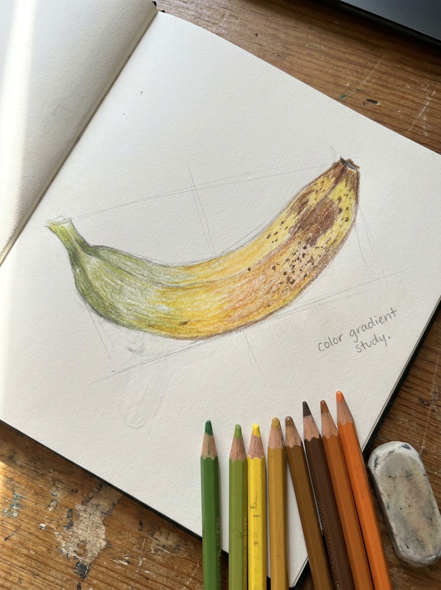 Banana color gradient study A colored-pencil banana study showing a green-to-yellow-to-brown gradient on sketchbook paper. | Sky Rye Design A colored-pencil banana study showing a green-to-yellow-to-brown gradient on sketchbook paper.