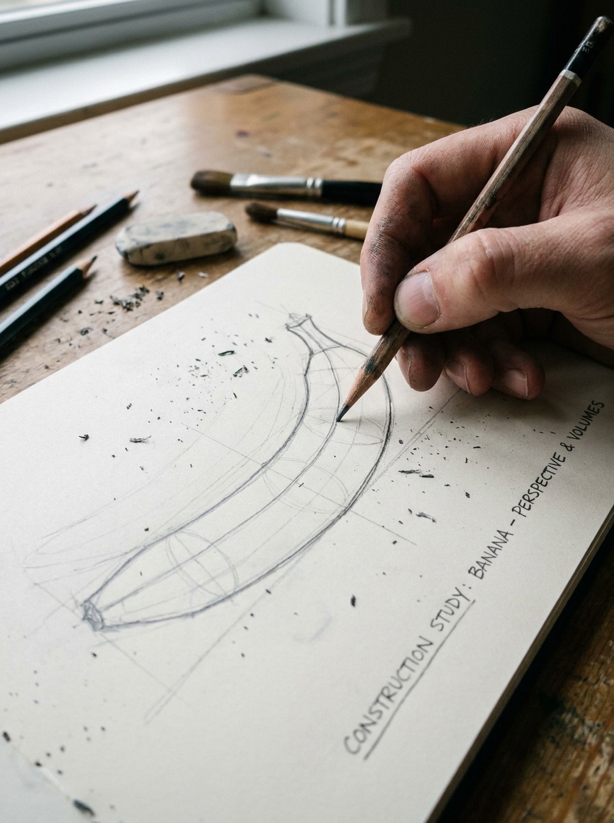 Banana construction hand mid-sketch A designer hand drawing banana cylinder construction lines on a sketchbook page with pencils and eraser shavings nearby. | Sky Rye Design A designer hand drawing banana cylinder construction lines on a sketchbook page with pencils and eraser shavings nearby.