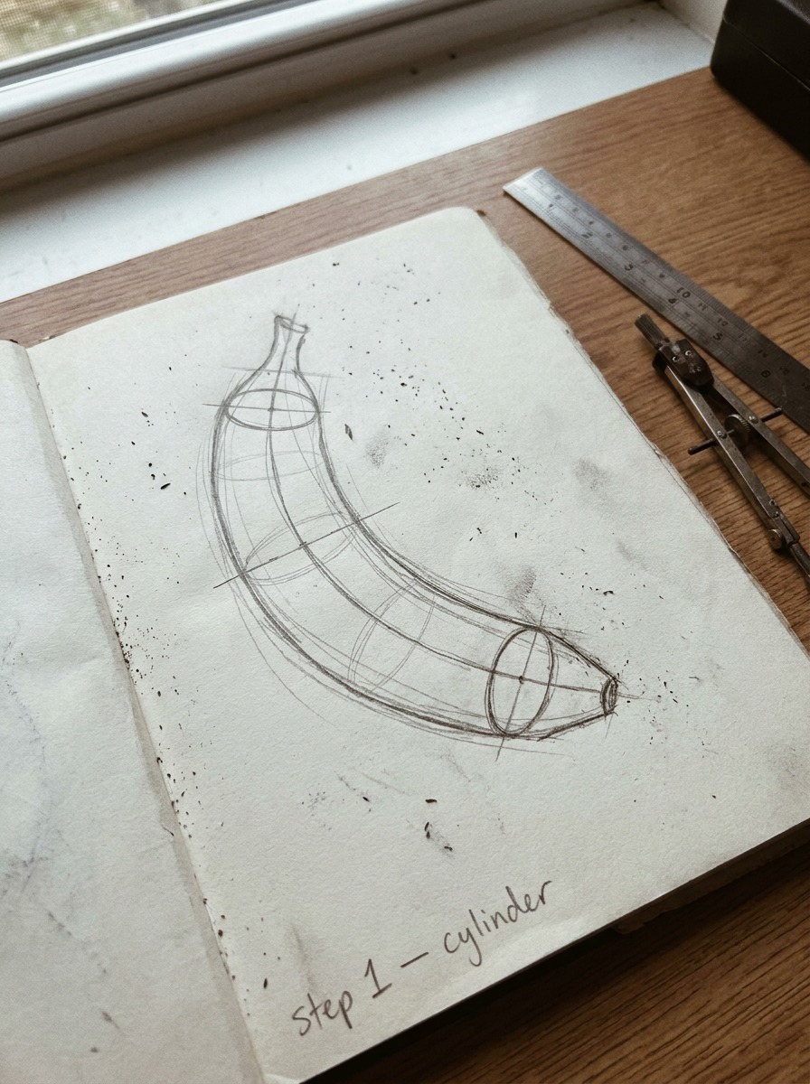 Banana cylinder construction diagram A hand-drawn banana cylinder construction diagram with centerline and end ellipses. | Sky Rye Design A hand-drawn banana cylinder construction diagram with centerline and end ellipses.