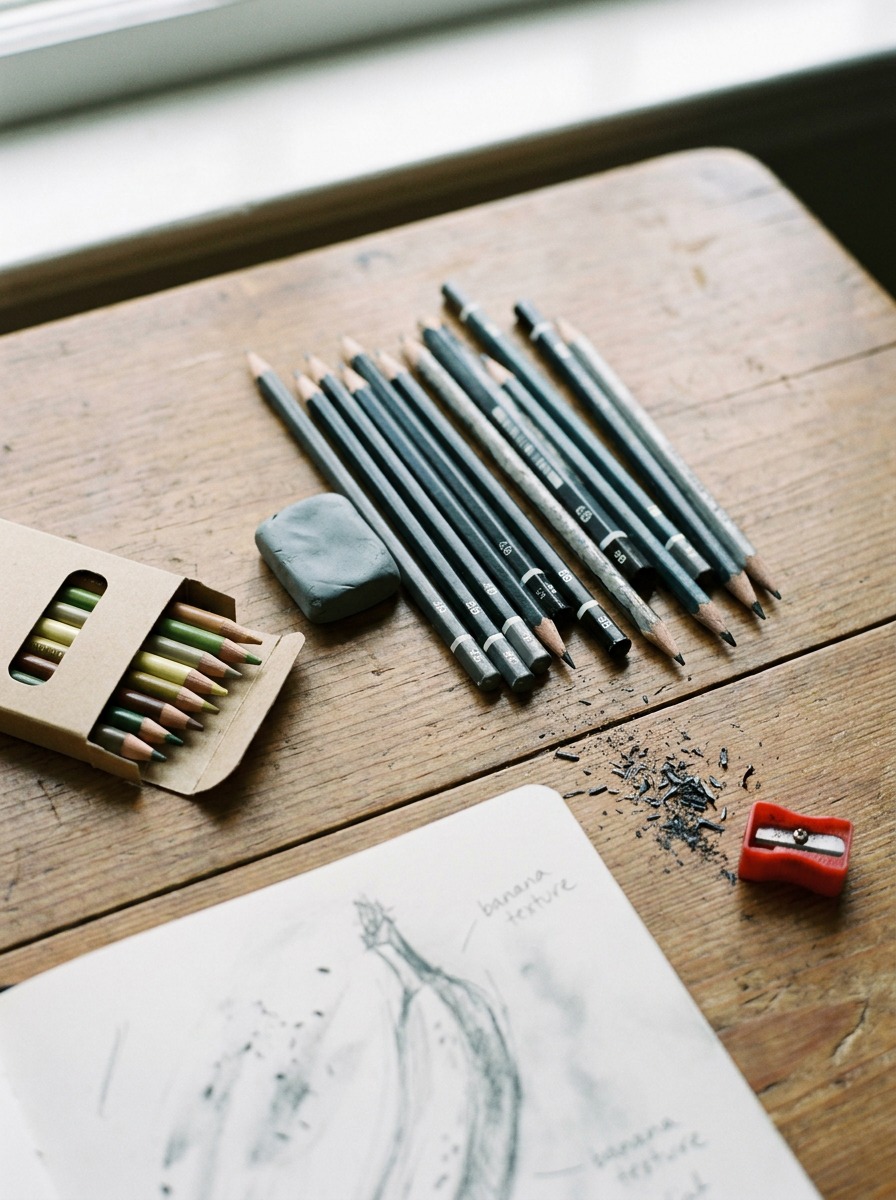 Banana drawing materials flat lay An overhead desk flat-lay of graphite pencils, colored pencils, kneaded eraser, and a partial banana sketch. | Sky Rye Design An overhead desk flat-lay of graphite pencils, colored pencils, kneaded eraser, and a partial banana sketch.