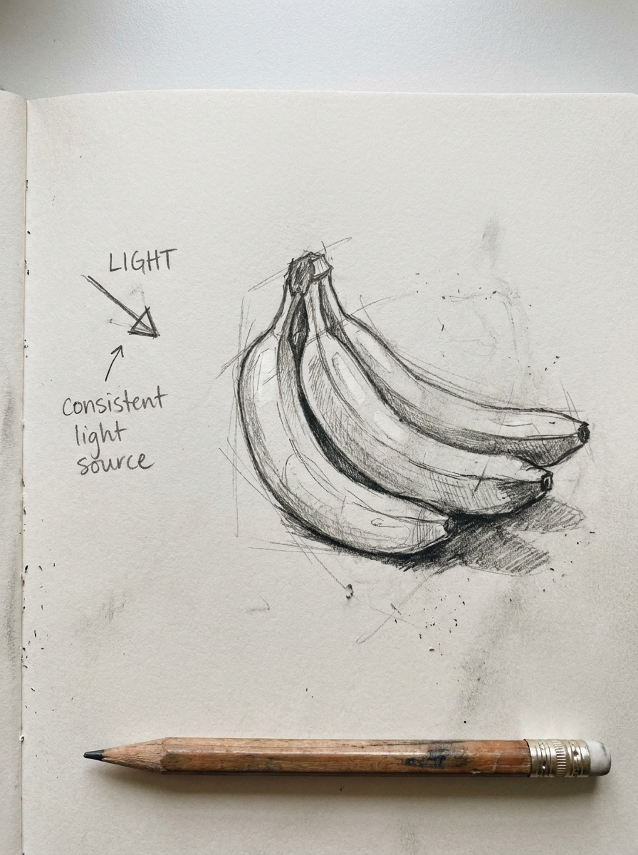 Banana light direction consistency diagram A sketchbook diagram with a light-direction arrow beside overlapping bananas and consistent shadows. | Sky Rye Design A sketchbook diagram with a light-direction arrow beside overlapping bananas and consistent shadows.