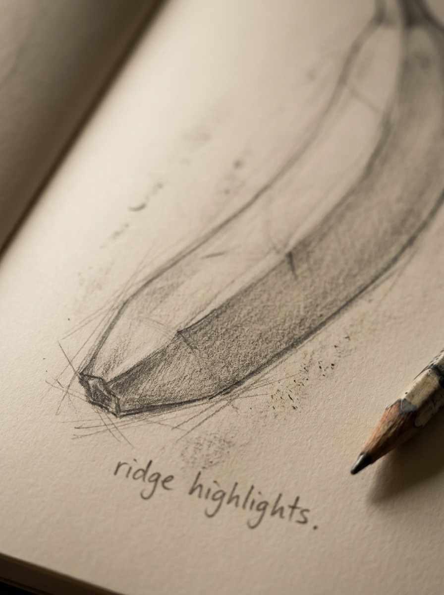 Banana ridge highlight close-up Close-up of a sharpened pencil drawing on paper with shading and the caption 'ridge highlights'. | Sky Rye Design A macro graphite sketch showing subtle banana ridge highlights and tonal steps between facets.