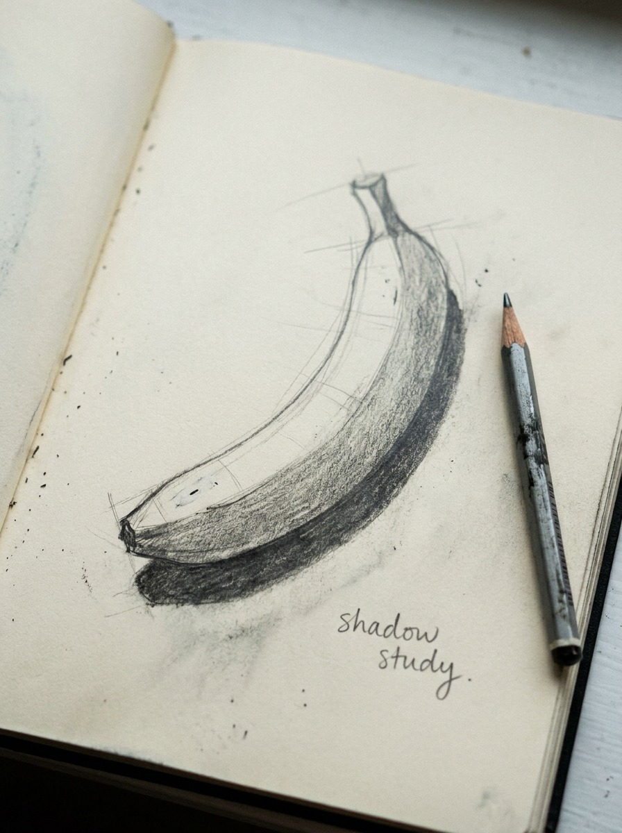 Banana shading study with cast shadow A sketchbook study showing banana shading wrapping around the form with a cast shadow underneath. | Sky Rye Design A sketchbook study showing banana shading wrapping around the form with a cast shadow underneath.