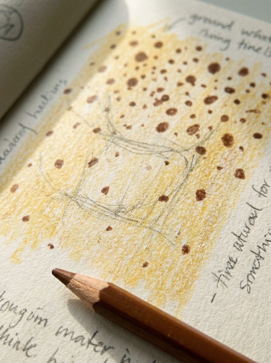 Banana speckle detail texture A macro sketchbook close-up of irregular brown banana speckles over a yellow colored-pencil base. | Sky Rye Design A macro sketchbook close-up of irregular brown banana speckles over a yellow colored-pencil base.
